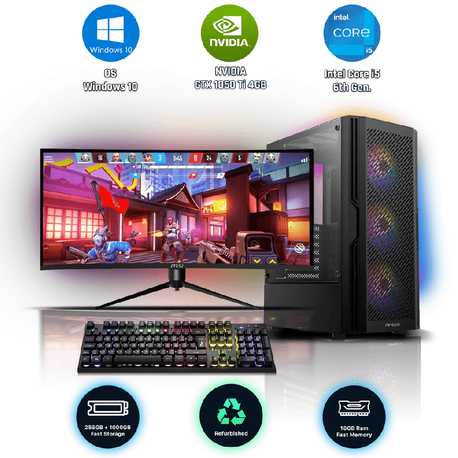 Refurbished Intel Core i5-6600K, 16GB RAM, 1TB HDD, 256GB SSD, GTX 1050 Ti 4GB, Gaming Pc