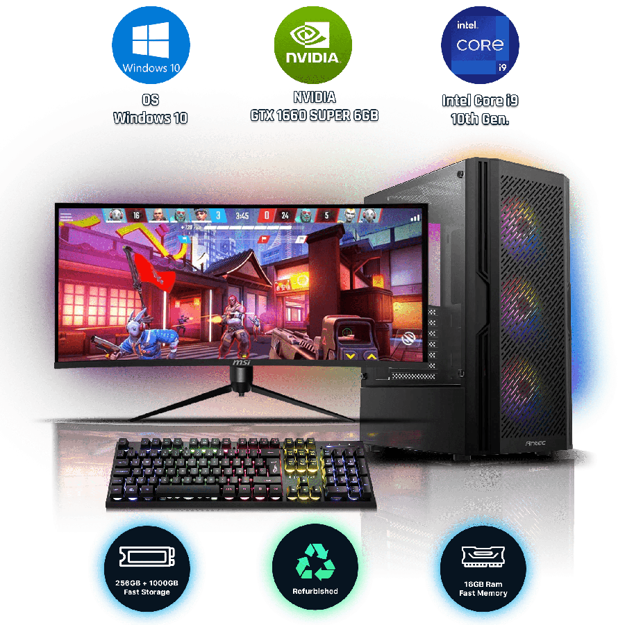 Refurbished Intel Core I9-10900K, 16GB RAM, 1TB HDD, 256GB SSD, GeForce GTX 1660 SUPER, Gaming Pc