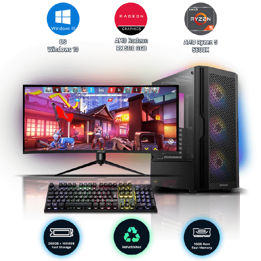 Refurbished AMD Ryzen 5 5600X, 16GB RAM, 256GB SSD, 1TB HDD, AMD Radeon RX 580 8GB, Gaming PC