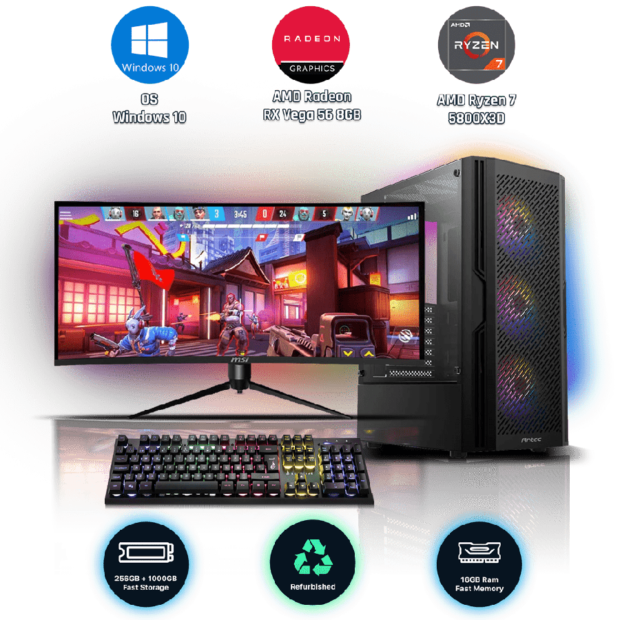 Refurbished AMD Ryzen 7 5800X3D, 16GB RAM, 256GB SSD, 1TB HDD, AMD Radeon RX Vega 56 8GB, Gaming PC