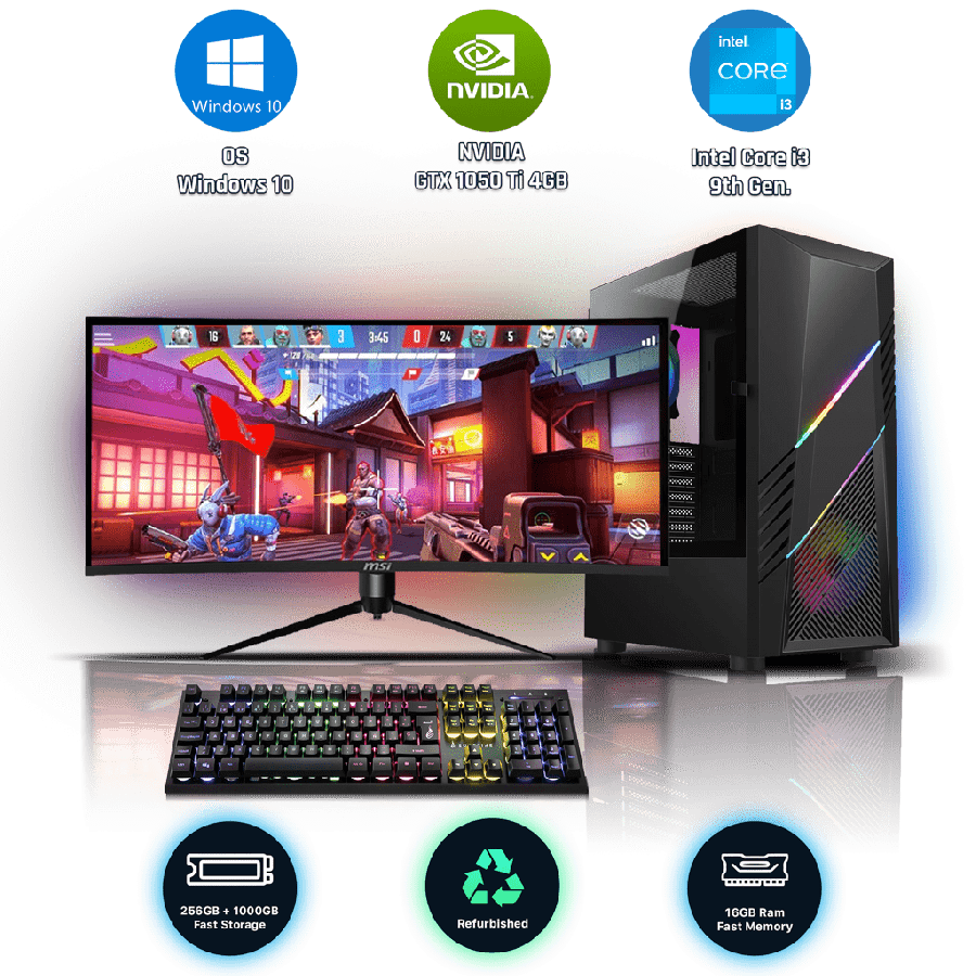 Refurbished Intel Core i3 9th Gen 16GB RAM 1TB HDD 256GB SSD GTX 1050 Ti 4GB Gaming Pc SafepcDirect
