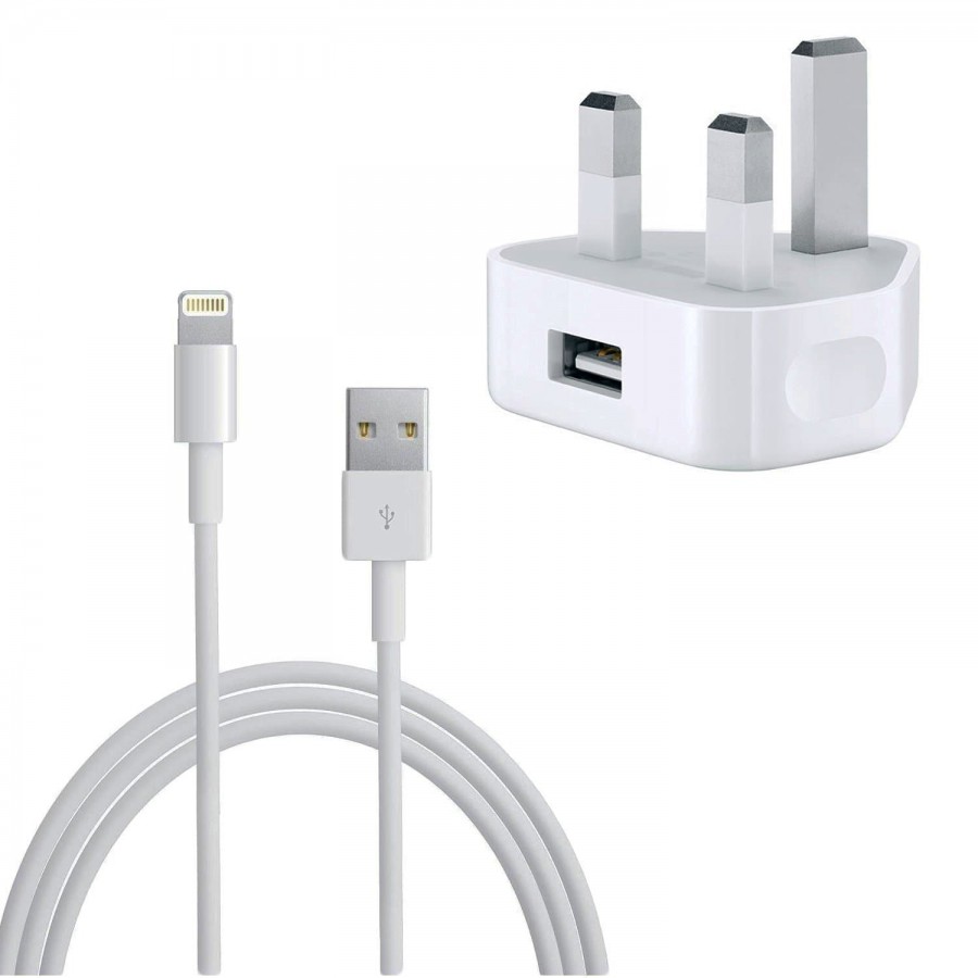 Refurbished Genuine Apple iPhone 5 5S 5C 6 6 Plus iPad and iPod Mains Charger With USB Data Cable, A - White
