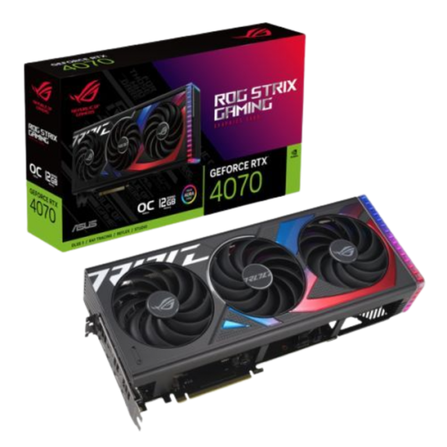 Asus ROG STRIX RTX4070 OC, PCIe4, 12GB DDR6X, 2 HDMI, 3 DP, 2640MHz Clock, RGB Lighting, Overclocked