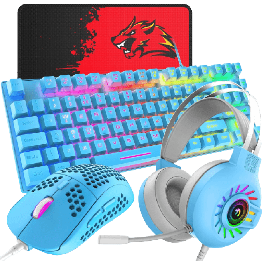 Gaming Combo 4-in-1/88 Keys Compact Rainbow Backlit Mechanical Feel Keyboard/Lightweight Gaming Mouse/Stereo Headset