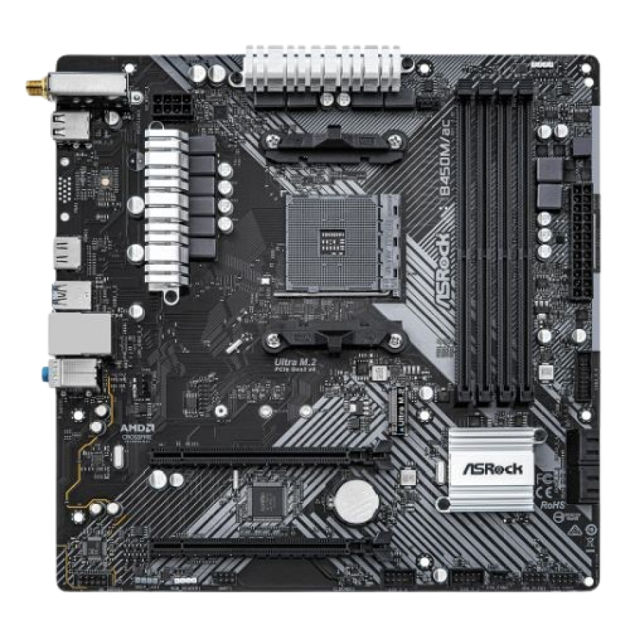 Asrock B450M/AC R2.0, AMD B450, AM4, Micro ATX, 4 DDR4, HDMI, GB LAN, AC Wi-Fi, 1x M.2