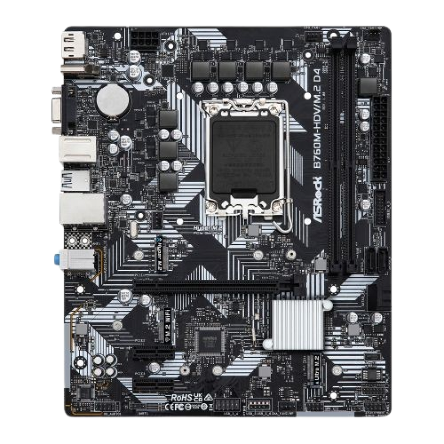 Asrock B760M-HDV/M.2 D4, Intel B760, 1700, Micro ATX, 2 DDR4, VGA, HDMI, DP, GB LAN, PCIe4, 2x M.2