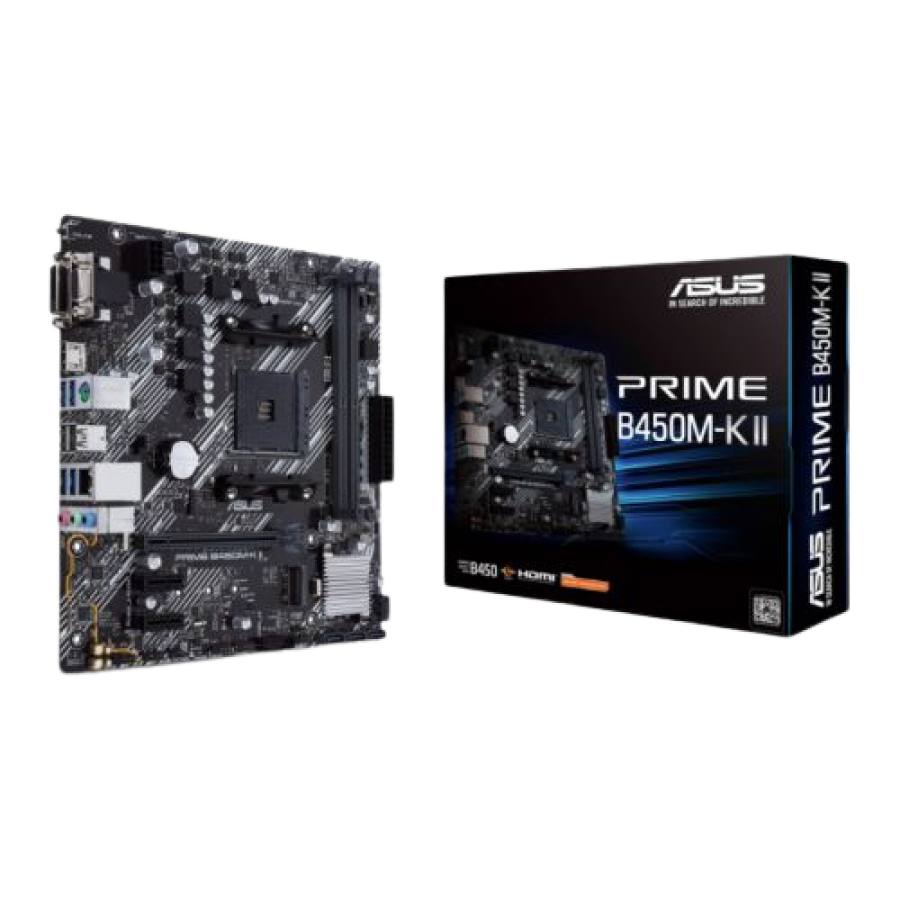 Asus PRIME B450M-K II, AMD B450, AM4, Micro ATX, 2 DDR4, VGA, DVI, HDMI, LED Lighting, M.2