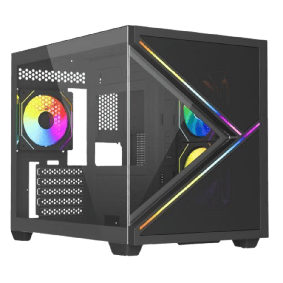 Vida Arcade Black ARGB Gaming Case w/ Glass Side & Glass/Mesh Front, Micro ATX, ARGB Strips, 3x ARGB Fans, 6-Port PWM ARGB Fan Hub & Remote Control