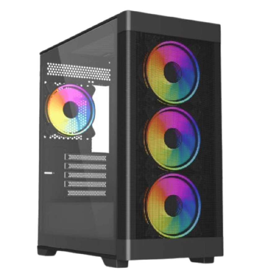 Vida Zephyr V2 Black ARGB Gaming Case w/ Glass Window, Micro ATX, 4x ARGB Fans, 6-Port PWM ARGB Fan Hub & Remote Control, Mesh Front