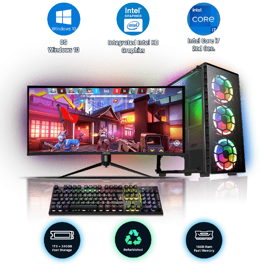 Gaming PC Bundle/ Core i7-2nd Gen/ 16GB RAM/ 240GB SSD+1TB HDD/GTX 1650 4GB/23-Inch Monitor/ Windows 10/ A