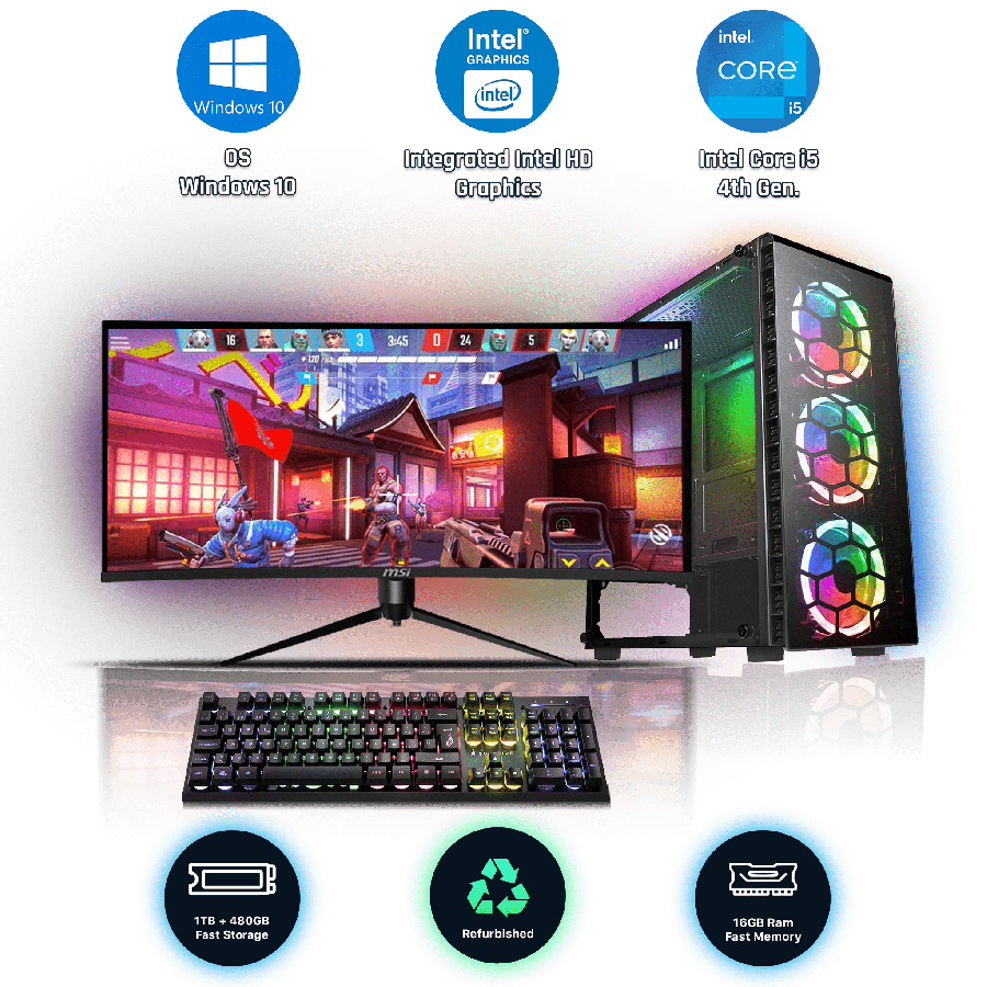 Refurb Fast Gaming PC Bundle/ Intel Core i5-4th Gen/ 16GB RAM/ 1TB HDD+480GB SSD/ 19-Inch Monitor/ Windows 10 