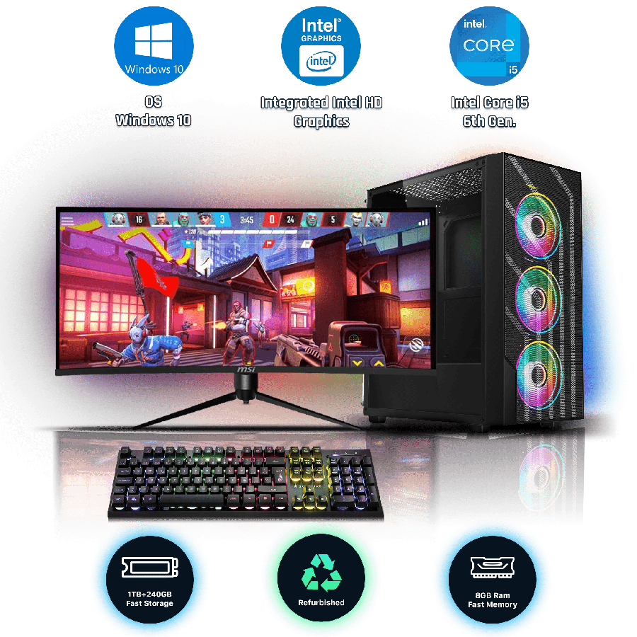 Refurbished Gaming PC/ Intel Core i5-6th Gen/ 8GB RAM/ 240GB SSD+1TB HDD/Window 10/ B