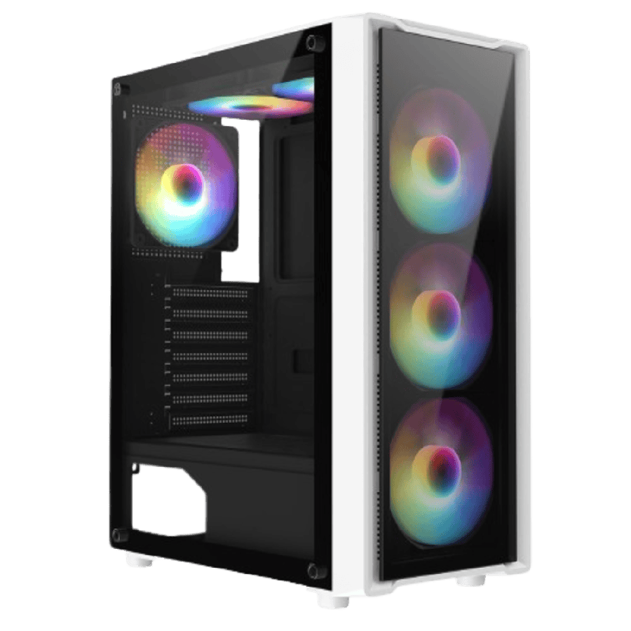 Blade White ATX Gaming Case with Tempered Glass Panels with 70 Percent Tint with 6 x Inner-Ring ARGB Fans and 6-Port Hub