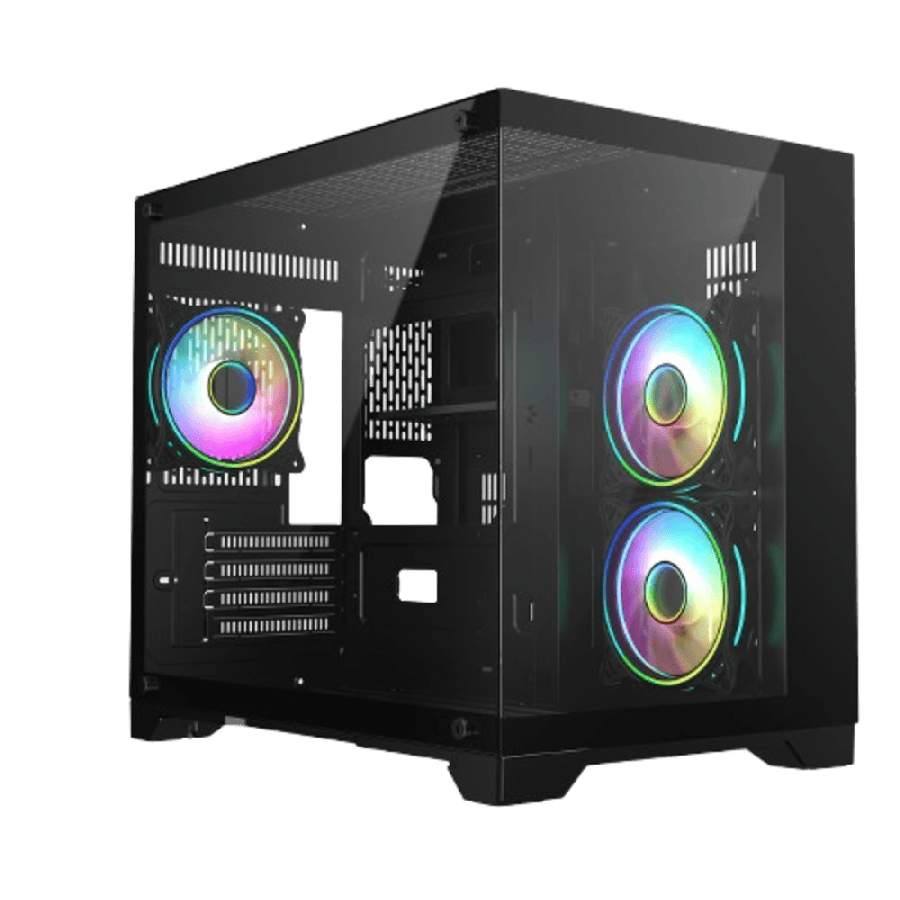 Concept Black MATX Gaming Cube with Tempered Glass Front and Side Panels with 3 x CiT Tornado Dual-Ring Infinity Fans