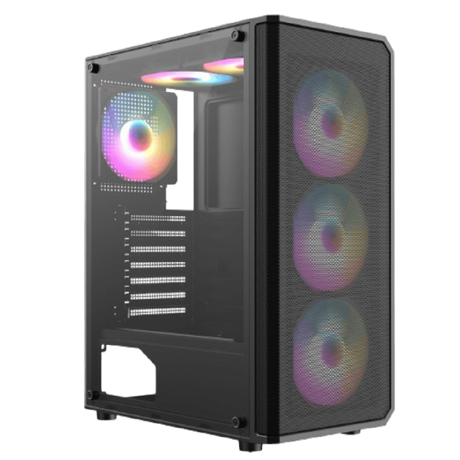 Delta Black ATX Gaming Case with Mesh ABS Front 30 Tinted Tempered Glass Side 6 x Inner-Ring ARGB Fans 6-Port MB Sync Hub