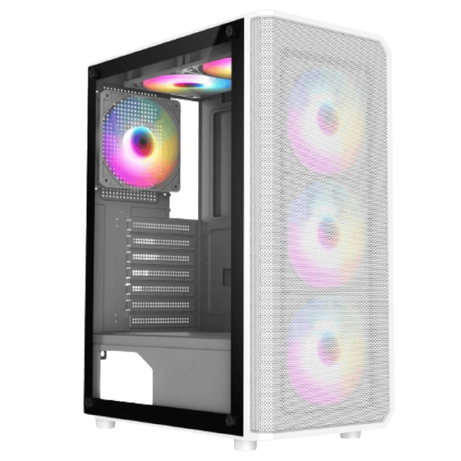 Delta White ATX Gaming Case with Mesh ABS Front 30 Tinted Tempered Glass Side 6 x Inner-Ring ARGB Fans 6-Port MB Sync Hub