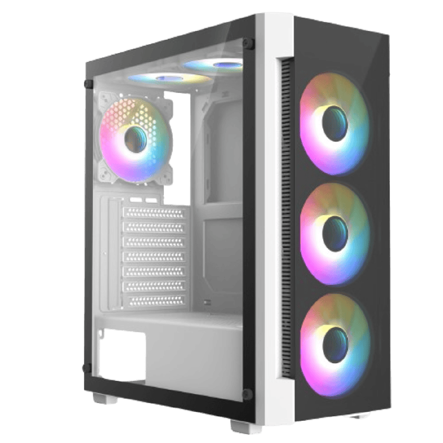Destroyer White ATX Gaming Case with Tempered Glass Front and Side Panel with 6 x ARGB Fans and 6-Port MB Sync Hub