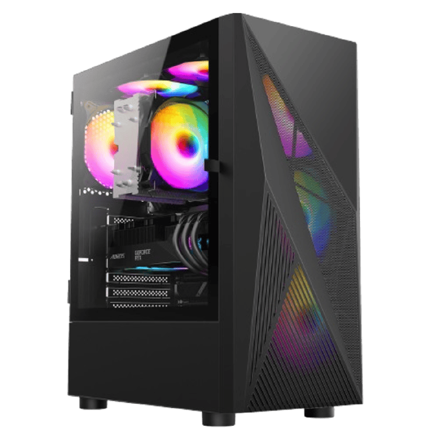 Falcon Black ATX Mesh PC Gaming Case with 6 x 120mm ARGB Fans Included With Hinged Tempered Glass Side Panel