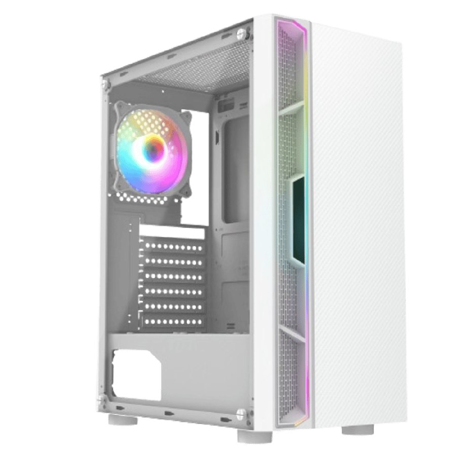 Galaxy White Mid-Tower PC Gaming Case with 1 x LED Strip 1 x 120mm Rainbow RGB Fan Included Tempered Glass Side Panel