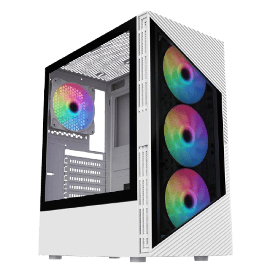 Impact White ATX Gaming Case with Darkened Tempered Glass Panels 6 x Inner-Ring ARGB Fans 6-Port Hub