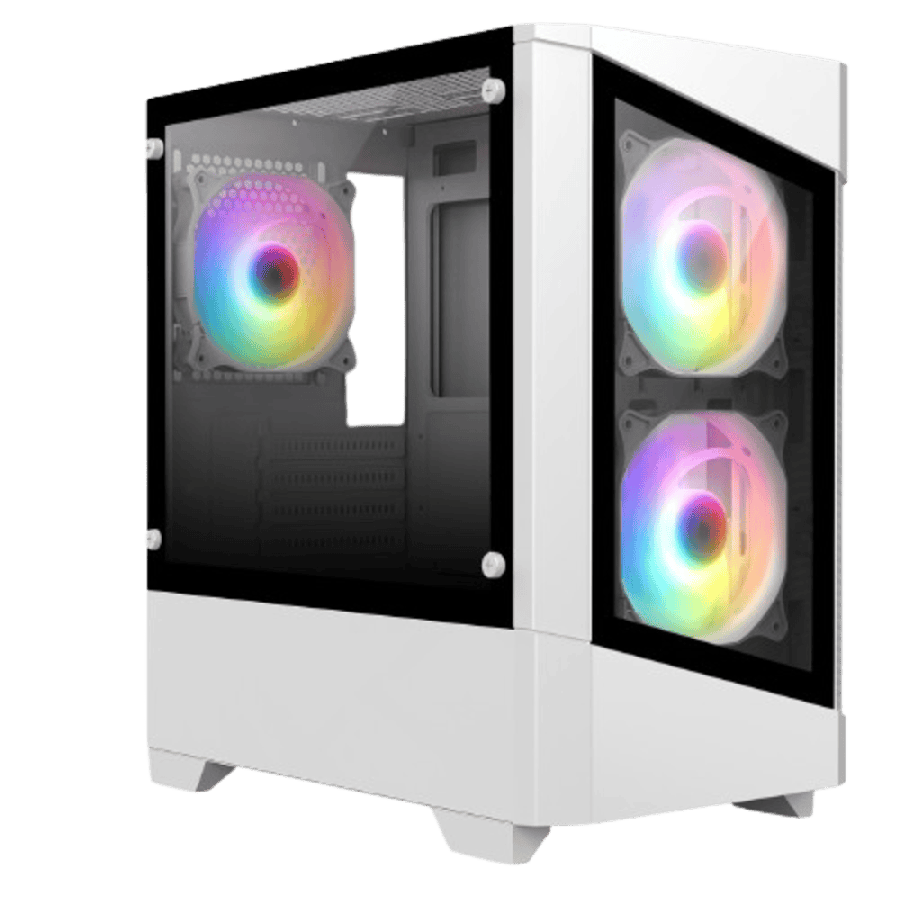 Level 1 White Micro-ATX PC Gaming Case with 3 x 120mm RGB Rainbow Fans Included With 30 Percent Tempered Glass Panels