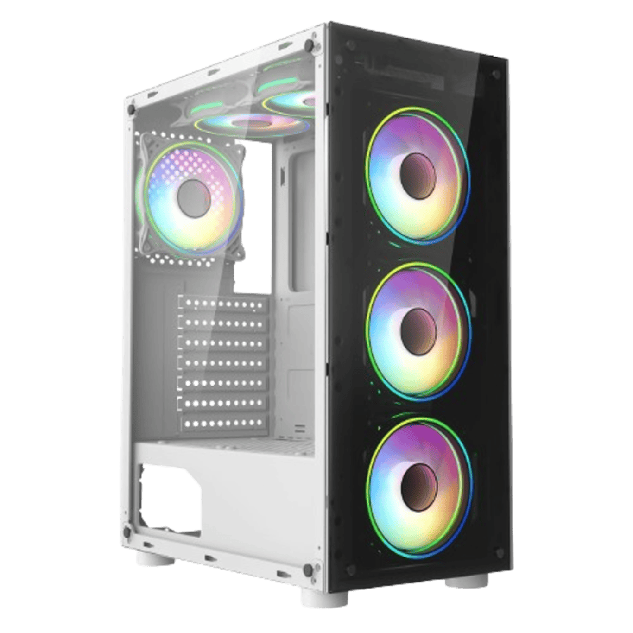 Mirage F6 White ATX Gaming Case with TG Front and 30 Percent Tint TG Side Panel with 6 x Dual-Ring Infinity Fans and 6-Port Hub