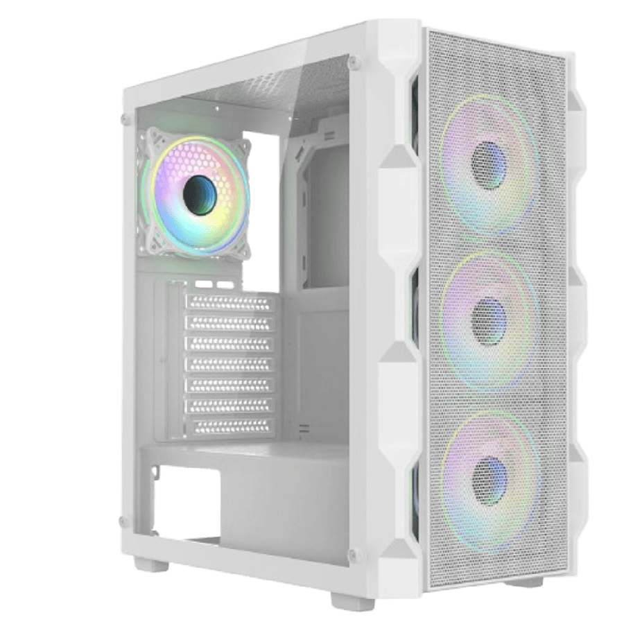 Neo White ATX Gaming Case with Mesh Front and Tempered Glass Side 6-Port PWM Hub and 4 x CiT Tornado Dual-Ring Infinity Fans
