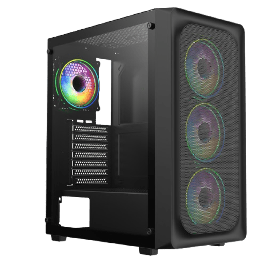 Orion Black ATX Gaming Case with Mesh Front and Tempered Glass Side 6-Port PWM Hub and 4 x CiT Tornado Dual-Ring Infinity Fans