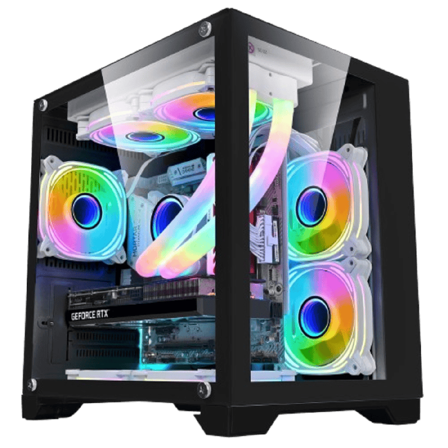 Overseer Black MATX Gaming Cube with Tempered Glass Front and Side Panels with 3 x CiT Tornado Dual-Ring Infinity Fans
