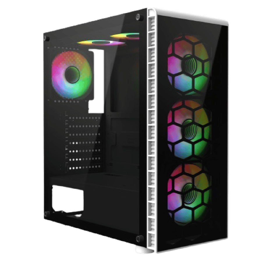 Raider White ATX Gaming Case with Tempered Glass Panels with 70 Percent Tint with 6 x Inner-Ring Infinity Fans and 6-Port Hub