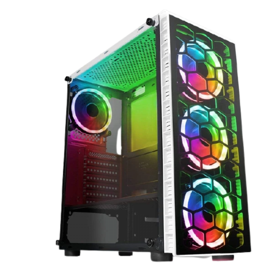 Spire Raider ATX Gaming Case with Window, No PSU, Front & Back RGB Fans with Remote, Tempered Glass, PCB Hub