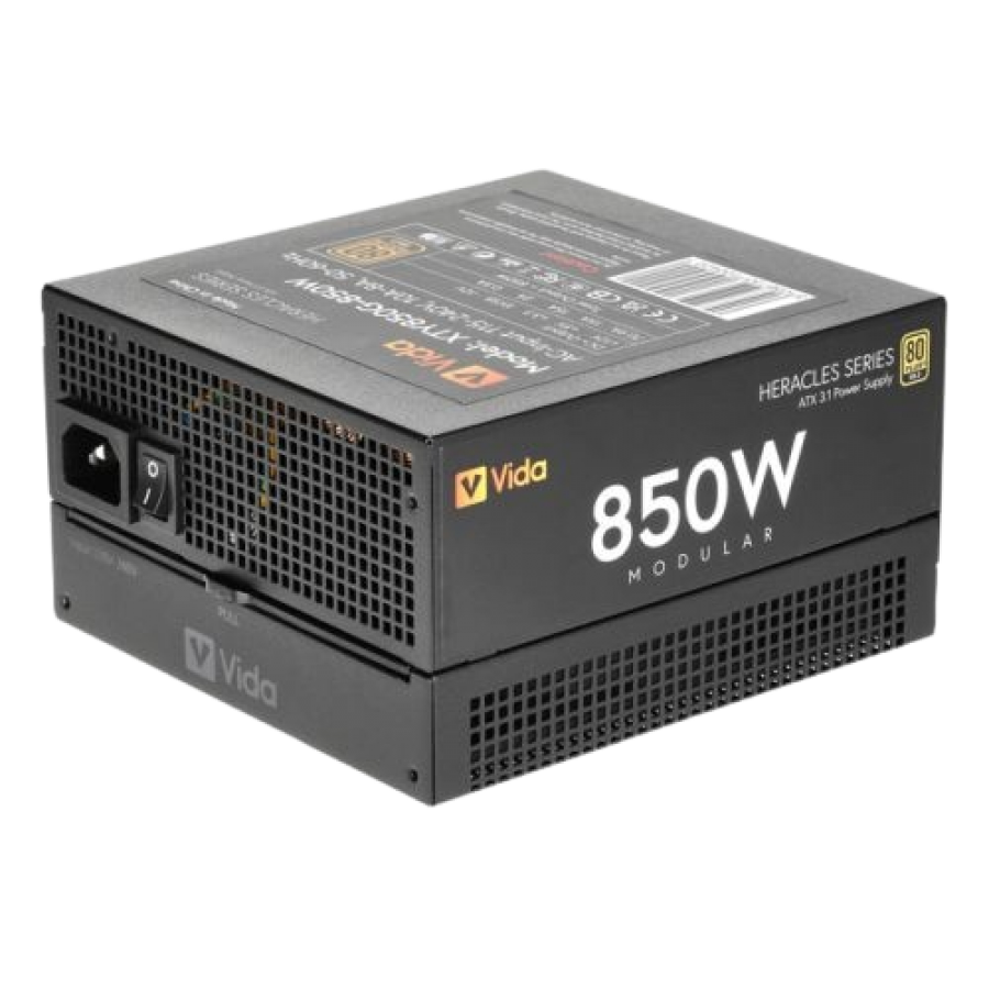 Vida 850W Heracles Black ATX 3.1 Gaming PSU, 80+ Gold, Fully Modular, 14cm Ultra-Quiet FDM Fan, Flat Black Cables, PCIe 5.1, Power Lead Not Included