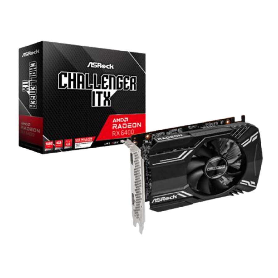 Asrock RX6400 Challenger ITX, 4GB DDR6, PCIe4, HDMI, DP, 2321MHz Clock, AMD RDNA 2, 0dB Cooling, Compact Design