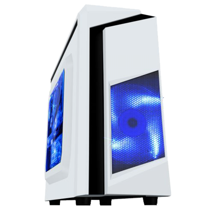 Spire F3 Micro ATX Gaming Case with Windows, No PSU, Blue LED Fan, White with Black Stripe, Card Reader